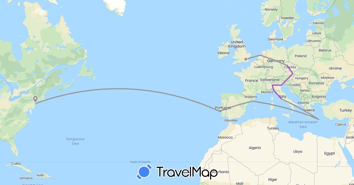 TravelMap itinerary: driving, plane, train in Austria, Czech Republic, Spain, United Kingdom, Greece, Italy, Netherlands, Portugal, United States (Europe, North America)